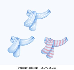 A cozy watercolor illustration featuring festive Christmas scarves. Hand-drawn with soft textures and warm colors, perfect for capturing the essence of winter fashion and holiday cheer. Ideal for seas