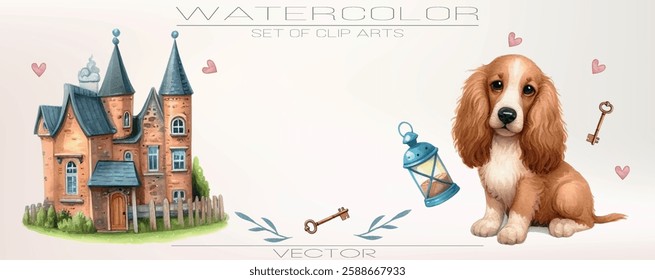 Cozy watercolor pet set. Soft and warm illustrations of home animals.