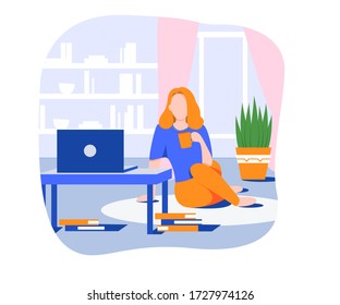 Cozy weekend chill with movies. Girl drinks tea while watching movies on the computer. Talking with friends online. Flat design vector.