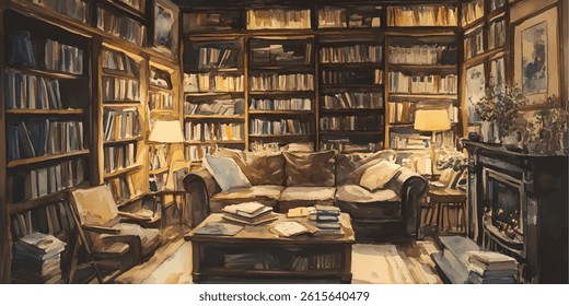 Cozy, well-lit library study with bookshelves.