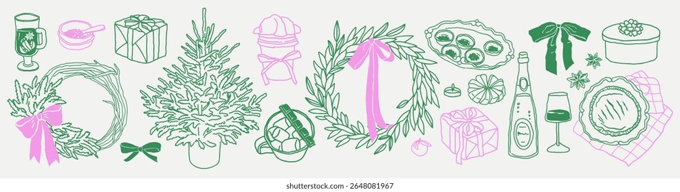 Cozy and whimsical hand-drawn pink and green sketch of festive food, drinks, christmas decor for vintage holiday themes, planners, printable cards, or recipe books.	