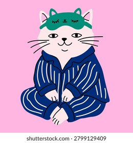 Cozy White Cat in Blue Pajamas on Pink Background