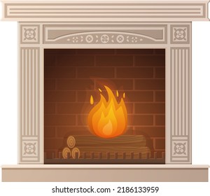 Cozy white stone burning fireplace in cartoon style isolated on white