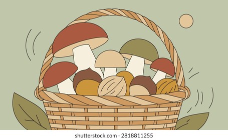 Cozy wicker basket filled with freshly harvested wild mushrooms and forest chestnuts sits on a soft light green background.