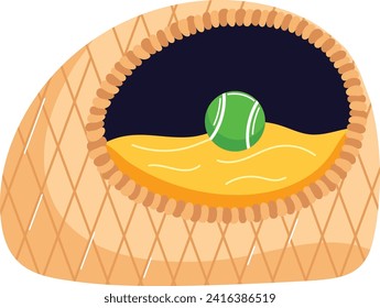 Acogedora casa de gato de mimbre con un suave cojín amarillo y una bola verde en el interior. Cómoda ilustración vectorial de muebles de mascota.