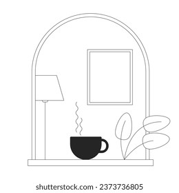 Cozy window bw concept vector spot illustration. Hot drink cup and houseplant 2D cartoon flat line monochromatic object for web UI design. Editable isolated outline hero image