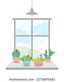 Acogedora ventana con cactus. Ilustración vectorial.