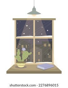 Una acogedora ventana con un cactus y un libro sobre el ventanal que da a la ciudad de la noche invernal. Ilustración vectorial.