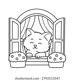 Cozy Window Cat Coloring Page – Cute Kitty at Home