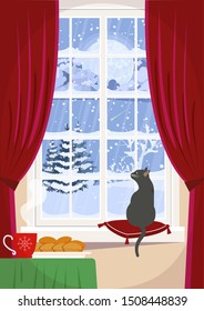 A cozy window with a cat on the windowsill and a winter night landscape.