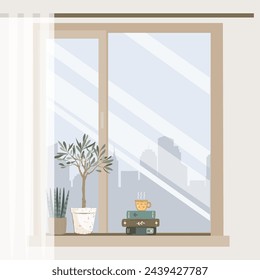 Cozy window with hot coffee cup, interesting novel books, and cute plants on the window-sill. Foggy foggy city view behind the window. Vector isolated illustration