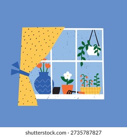 Cozy window with houseplants, simple flat illustration, home gardening scene, calm interior and nature care concept