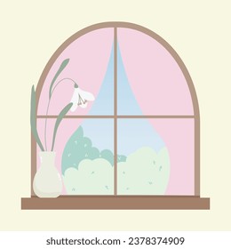 Cozy window illustration, a vase of flowers on the windowsill. 