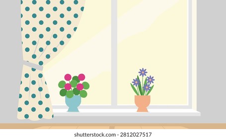 Cozy window sill decorated with green polka dot curtains and two colorful potted flowering plants under soft sunlight.