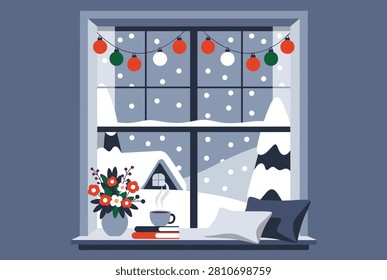Cozy window view displays a snowy winter landscape at night with a house, trees, falling snow, and a warm cup of coffee on the sill with books.