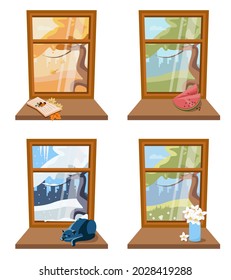 Ventanales acogedores con vistas a las estaciones y al clima. Invierno, primavera, verano, otoño. Ilustración vectorial con estilo de dibujos animados planos.