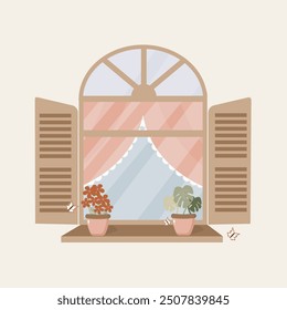 Cozy Windowsill with Potted Plants – Flat Vector Illustration
