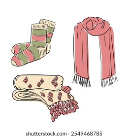 Cozy winter accessories set with striped socks, warm scarf, and decorative blankets. Vector contour doodles isolated on white background