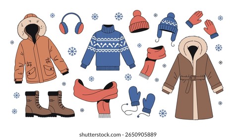 Cozy winter apparel collection featuring warm jackets hats scarves gloves and boots for cold weather activities