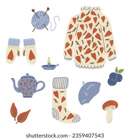 Cozy winter or autumn collection. Aesthetic cottagecore set with cute sweater, socks, mittens, beret hat, teapot, candle holder, berries, mushroom. Hand drawing vector illustration isolated on white 
