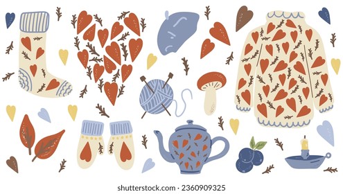 Cozy winter or autumn collection. Aesthetic cottagecore set with cute sweater, socks, mittens, beret hat, teapot, candle holder, berries, mushroom. Hand drawing vector illustration isolated on white 