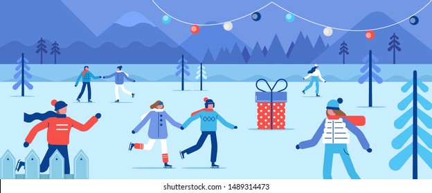 Cozy Winter Banner or Poster with People Skating on Ice Rink. Man and Woman Characters Have Fun Together. Christmas Holidays Concept. Flat Characters Collection. Cartoon Vector Illustration.