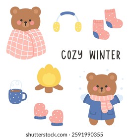 Cozy Winter Bear Sticker Sheet with Bonfire, Blanket, and Warm Accessories