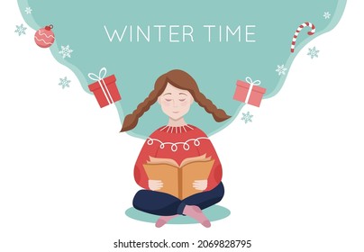 Cozy winter book reading. A girl with a book in a sweater. Colorful vector illustration in cartoon style on a white background.