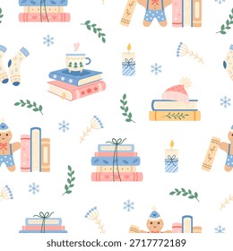 Acogedores libros de invierno sin patrón de repetición. Navidades fondo de libro, impresión de amante del libro, lectura de Festiva, gráfico de la librería pastel.