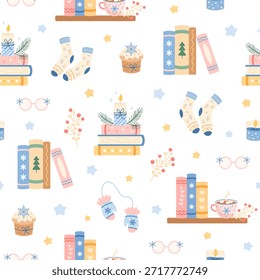 Acogedores libros de invierno sin patrón de repetición. Navidades fondo de libro, impresión de amante del libro, lectura de Festiva, gráfico de la librería pastel.