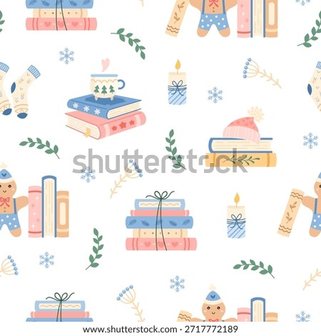 Cozy winter books seamless repeat pattern. Christmas bookish background, Book lover print, Holiday reading, Pastel bookstore graphic.
