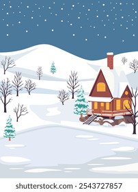 Cozy winter cabin scene with a warm light shining from the windows, surrounded by snowy hills, bare trees, and evergreen pines under a starry night sky. Ideal for Christmas, holiday, and winter themes