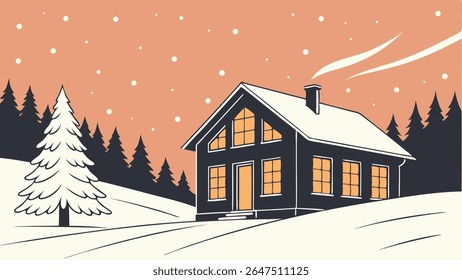 Cozy winter cabin in a snowy forest. Festive holiday scene with falling snow, glowing windows, and warm smoke from the chimney. Perfect for winter holidays and peaceful nature themes.