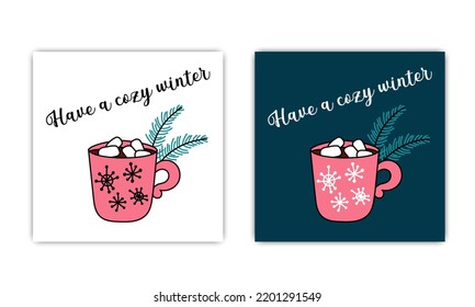 Cozy Winter Cards Set. Mug Of Hot Chocolate With Marshmallows And Fir Twigs. Isolated Sweet Beverage. Christmas And Winter Symbol. Vector Doodle Illustration.