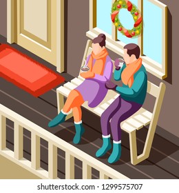 Cozy winter christmas background with young couple sitting on veranda and warming up with hot drink isometric vector illustration