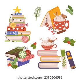 Acogedora colección navideña de invierno. Pistas De Libros Para La Lectura De Vacaciones Adornadas Con Cups De Cacao Al Vapor, Garland, Ramas De Árboles De Coníferas, Balbuceos, Berry Holly Y Estrella. Ilustración del vector de dibujos animados