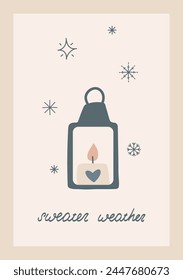 Cozy Winter Christmas Cute Hand Drawn Lantern With Candle Vector Illustration Greeting Card