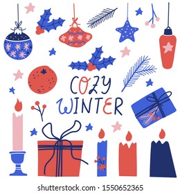 Cozy winter Christmas design elements. Vector lettering illustration clip art. Presents, Christmas decor, candles, holly leaves and berries, pine brunches, orange, tangerine, stars. Blue, red and pink