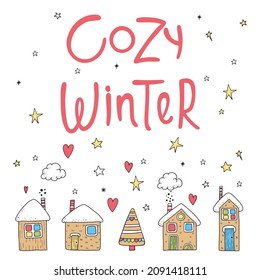 Cozy winter. Christmas january snow. Landscape house wonderland