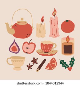 Cozy winter Christmas vector illustration. Tea pot, tea cup, candles, cinnamon, spices, apple, fig. Poster, print, greeting card decorative clip art