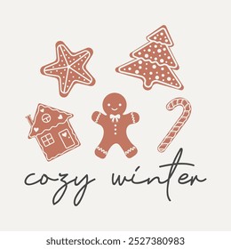 Cozy winter Christmas vector quote. Christmas baking on a light background. Winter holiday illustration. Greeting card. Happy New Year background.