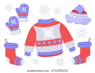 Clipart de inverno acolhedor com um suéter festivo, chapéu de malha, luvas estampadas, meias de Natal e flocos de neve decorativos. Perfeito para projetos sazonais bonitos, cartões, adesivos e projetos de férias das crianças.