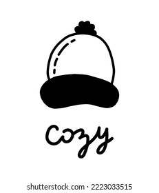 Cálida ropa de invierno. La cabeza plana del doodle se usa aislada en un fondo blanco. Tela estacional de diciembre, plantilla de tarjeta vectorial.