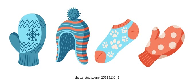 Cozy winter clothes with hat mittens and socks flat color vector objects set. Stylish warm accessories illustrations pack on white