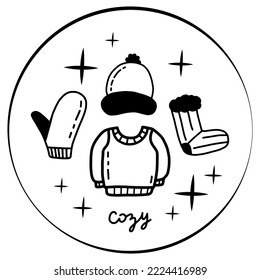 Gemütliche Winterkleidung Ikone Set. Flachdoodle-Pullover, Hut, Fingerhut, Socken einzeln auf weißem Hintergrund. Im Dezember warme Jahreszeit-Tuch, Vektorbrille Clip Art.