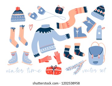 Cozy winter clothes and other stuff. Colored vector set. All elements are isolated