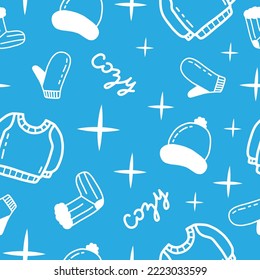 Cozy winter clothes seamless pattern. Flat doodle sweater, hat, mittens, socks icon set. December seasonal warm cloth, vector wrapping paper template.