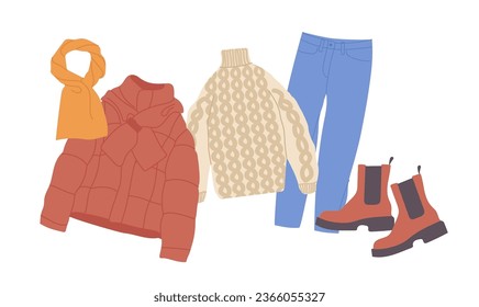 Cozy winter clothes for young people, modern trendy outfit kit of outwear for teenager students