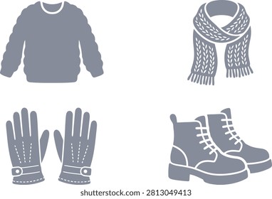 Cozy winter clothing items including a sweater, gloves, scarf, and boots arranged aesthetically