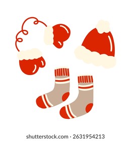 Cozy winter clothing set mittens, Santa hat, and socks in festive colors. Vector illustration